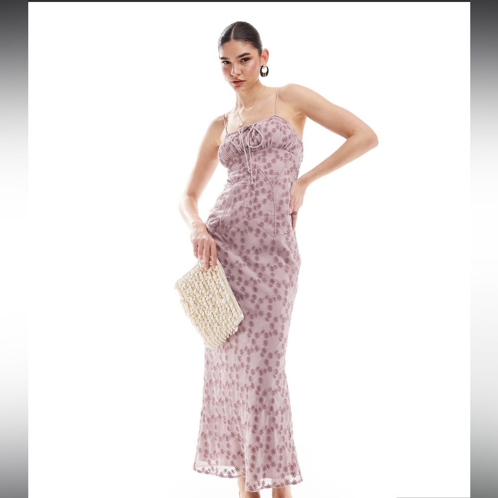 Asos Design Bardot Chiffon Broderie Bias Midi Dress